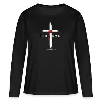 Redeemed by the blood of Jesus - Ephesians 1:7 - Women's Premium Organic Long Sleeve Shirt - black - Front - Julia (174cm)