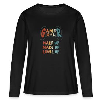 Gamer Girl Réveillez-vous Maquillage Monter de niveau - T-shirt manches longues Premium bio Femme - noir - Devant - Julia (174cm)