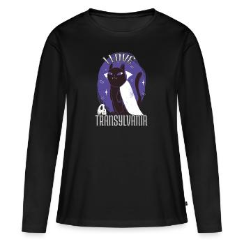 Halloween Cat Vampire J’aime la Transylvanie - T-shirt manches longues Premium bio Femme - noir - Devant - Julia (174cm)