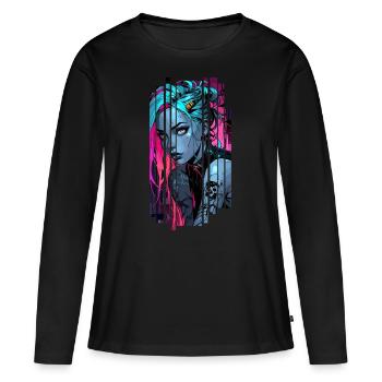 Neonblaues Cyber-Mädchen - Frauen Premium Bio Langarmshirt - Schwarz - Vorne - Julia (174cm)