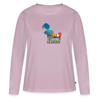 Arrête de regarder ma bite! Jeu de mots drôle, humour - T-shirt manches longues Premium bio Femme - rose poudré - Devant - Julia (174cm)