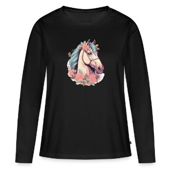 Tête de cheval avec des fleurs - T-shirt manches longues Premium bio Femme - noir - Devant - Julia (174cm)
