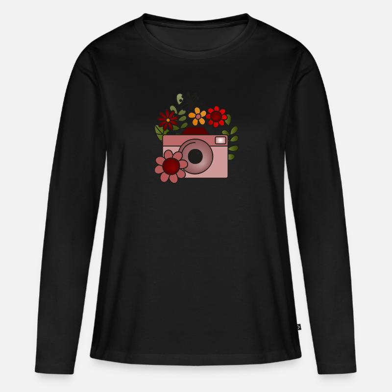 Blumige Kamera - Frauen Premium Bio Langarmshirt - Schwarz