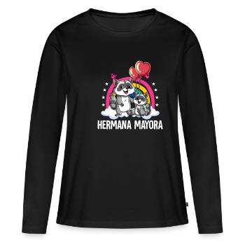 Große Schwester Waschbär - Frauen Premium Bio Langarmshirt - Schwarz - Vorne - Julia (174cm)