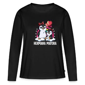 Große Schwester Pinguin - Frauen Premium Bio Langarmshirt - Schwarz - Vorne - Julia (174cm)