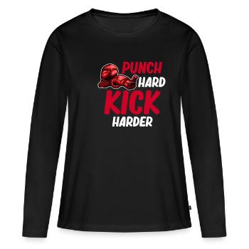 Frapper fort, mais donner des coups de pied plus fort, c’est drôle - T-shirt manches longues Premium bio Femme - noir - Devant - Julia (174cm)