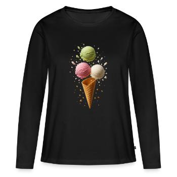 Drei Eiskugeln in knuspriger Waffel Motiv - Frauen Premium Bio Langarmshirt - Schwarz - Vorne - Julia (174cm)