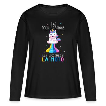 Fille motarde moto licorne - T-shirt manches longues Premium bio Femme - noir - Devant - Julia (174cm)