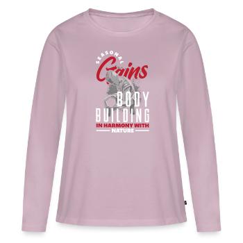 Gains saisonniers Musculation en harmonie avec la nature - T-shirt manches longues Premium bio Femme - rose poudré - Devant - Julia (174cm)