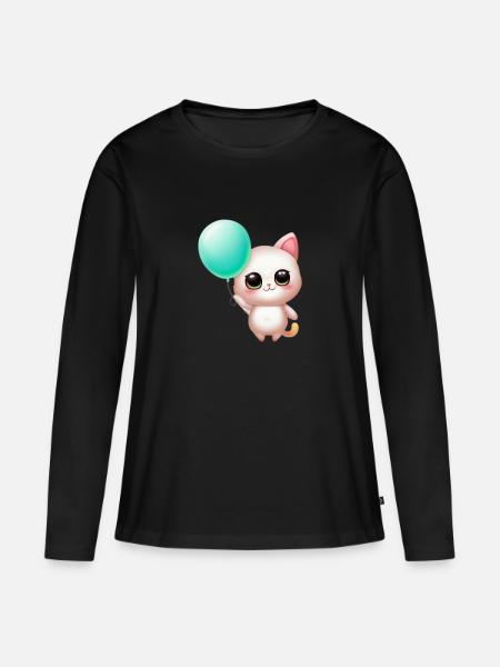 Katze mit Ballon - Frauen Premium Bio Langarmshirt - Schwarz