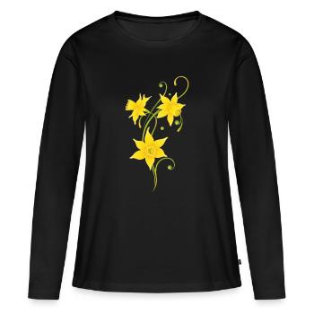 Vrille en filigrane avec des jonquilles. Pâques. - T-shirt manches longues Premium bio Femme - noir - Devant - Julia (174cm)