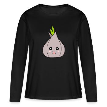 Kawaii Oignon Ail Kawaii Légumes Kawaii Fruits Kawaii - T-shirt manches longues Premium bio Femme - noir - Devant - Julia (174cm)