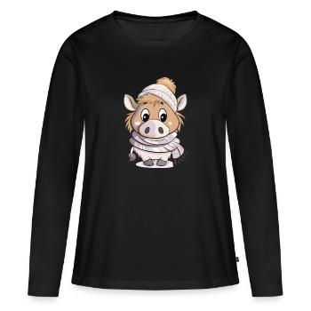 Mignon sanglier avec écharpe et chapeau à pompon. - T-shirt manches longues Premium bio Femme - noir - Devant - Julia (174cm)