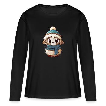 Mouton mignon avec écharpe et chapeau à pompon. - T-shirt manches longues Premium bio Femme - noir - Devant - Julia (174cm)