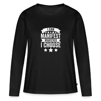 Drôle de manifestation positive Je peux manifester n’importe quoi - T-shirt manches longues Premium bio Femme - noir - Devant - Julia (174cm)