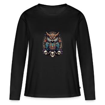 Hibou coloré décoratif avec crâne - T-shirt manches longues Premium bio Femme - noir - Devant - Julia (174cm)