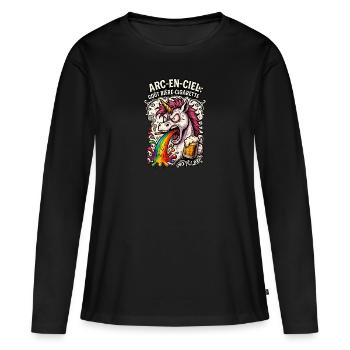 Licorne Rebelle : Arc-en-ciel goût bière-cigarette - T-shirt manches longues Premium bio Femme - noir - Devant - Julia (174cm)