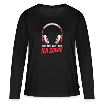 Je ne t’entends pas - Je joue - T-shirt manches longues Premium bio Femme - noir - Devant - Julia (174cm)