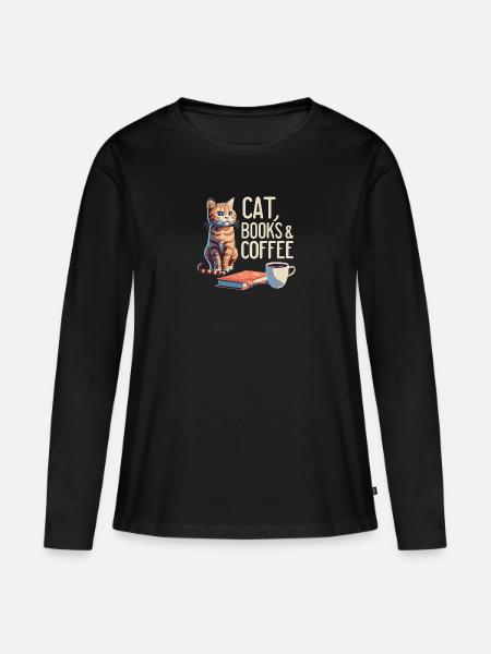 Katze Buch & Kaffee T-Shirt! Tolle Geschenkidee - Frauen Premium Bio Langarmshirt - Schwarz