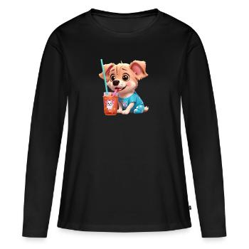 Süßer Hund, der aus dem Strohhalm trinkt. - Frauen Premium Bio Langarmshirt - Schwarz - Vorne - Julia (174cm)
