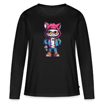 Bunte Katze Hip Hop Style - Frauen Premium Bio Langarmshirt - Schwarz - Vorne - Julia (174cm)