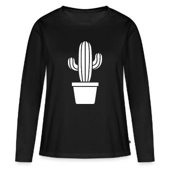 Kaktus Silhouette im Topf Pflanzenmotiv - Frauen Premium Bio Langarmshirt - Schwarz - Vorne - Julia (174cm)