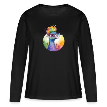 Colorful cool peacock with glasses - Women's Premium Organic Long Sleeve Shirt - black - Front - Julia (174cm)