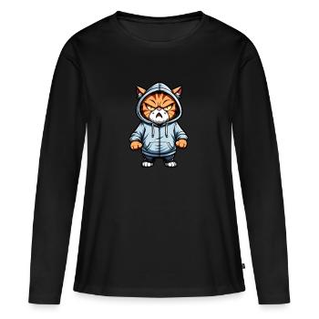 Braune Katze mit Hoodie Dick - Frauen Premium Bio Langarmshirt - Schwarz - Vorne - Julia (174cm)