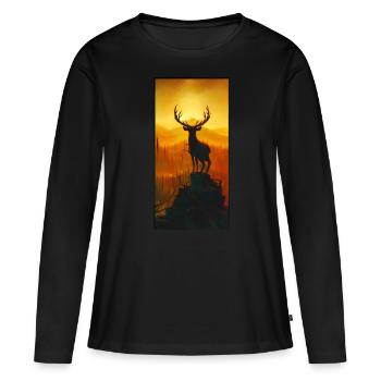 Hirsch auf Berg mit Sicht in Wald - Frauen Premium Bio Langarmshirt - Schwarz - Vorne - Julia (174cm)