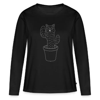Chat - Cactus - Pot de fleurs - T-shirt manches longues Premium bio Femme - noir - Devant - Julia (174cm)
