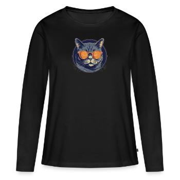 Katze Mietz Stubentiger Sonnenbrille - Frauen Premium Bio Langarmshirt - Schwarz - Vorne - Julia (174cm)