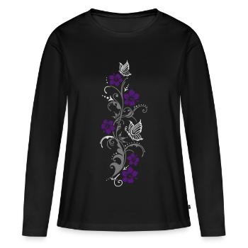 Vrille avec des fleurs d'hibiscus et des papillons - T-shirt manches longues Premium bio Femme - noir - Devant - Julia (174cm)