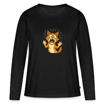 Chat Peur Hilarante - Dessin Cartoon Drôle - T-shirt manches longues Premium bio Femme - noir - Devant - Julia (174cm)