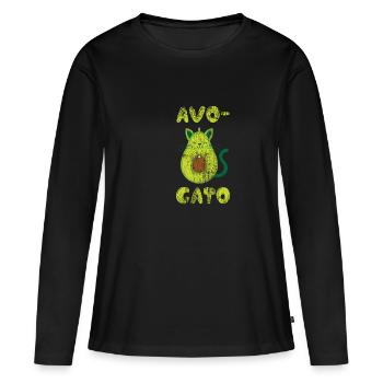 Chat avocat vert vintage fruits cadeau doux animal - T-shirt manches longues Premium bio Femme - noir - Devant - Julia (174cm)