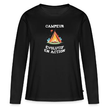 Campeur évolutif en action camping - humour drôle - T-shirt manches longues Premium bio Femme - noir - Devant - Julia (174cm)