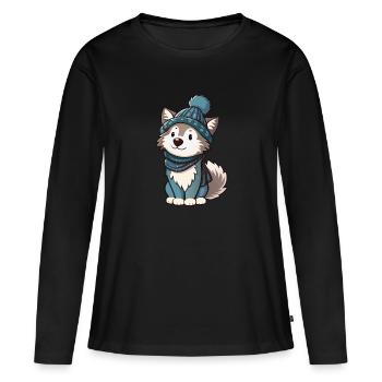 Loup mignon avec écharpe et chapeau à pompon. - T-shirt manches longues Premium bio Femme - noir - Devant - Julia (174cm)