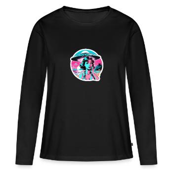 Woman looks at UFO in fear. - Women's Premium Organic Long Sleeve Shirt - black - Front - Julia (174cm)