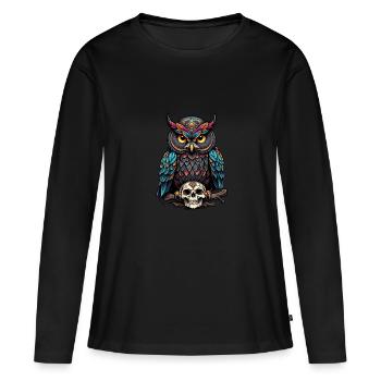 Hibou coloré décoratif avec crâne - T-shirt manches longues Premium bio Femme - noir - Devant - Julia (174cm)