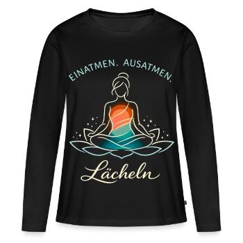Inspire, expire, sourire - Cadeau de yoga - T-shirt manches longues Premium bio Femme - noir - Devant - Julia (174cm)