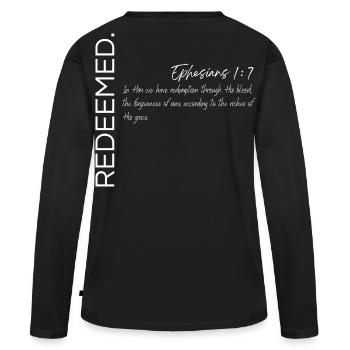 Redeemed - Ephesians 1:7 Christian Design - Women's Premium Organic Long Sleeve Shirt - black - Back - Julia (174cm)