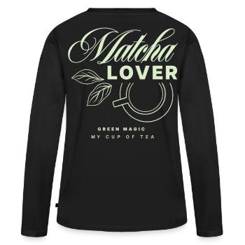 Design du thé Matcha Lover - T-shirt manches longues Premium bio Femme - noir - Dos - Julia (174cm)