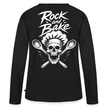 Rock and Bake Schädel Motiv - Frauen Premium Bio Langarmshirt - Schwarz - Hinten - Julia (174cm)