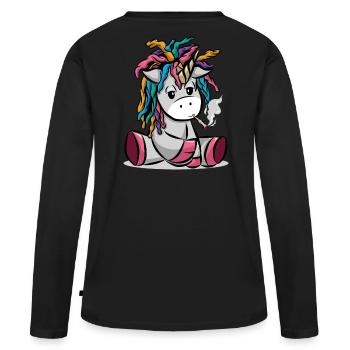Kiffendes Einhorn mit Joint - Frauen Premium Bio Langarmshirt - Schwarz - Hinten - Julia (174cm)
