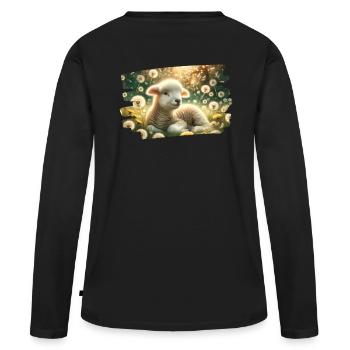 Idylle printanière de rêve avec agneaux et pissenlits - T-shirt manches longues Premium bio Femme - noir - Dos - Julia (174cm)