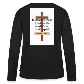 Kreuzzitate: Selige, die Gottes Wort hören - Frauen Premium Bio Langarmshirt - Schwarz - Hinten - Julia (174cm)