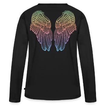 Ailes d'ange plumes en forme de coeur en forme d'arc-en-ciel - T-shirt manches longues Premium bio Femme - noir - Dos - Julia (174cm)