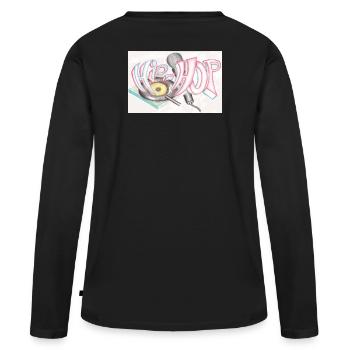 Hip-Hop, Graffiti und Vinylplatten - Frauen Premium Bio Langarmshirt - Schwarz - Hinten - Julia (174cm)