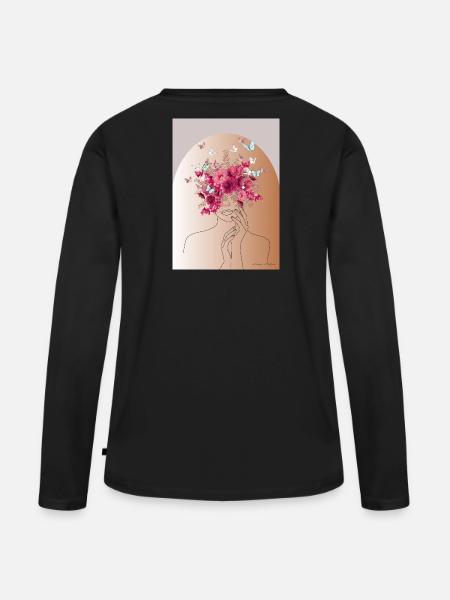 Blütenkopf mit Schmetterlingskrone - Frauen Premium Bio Langarmshirt - Schwarz