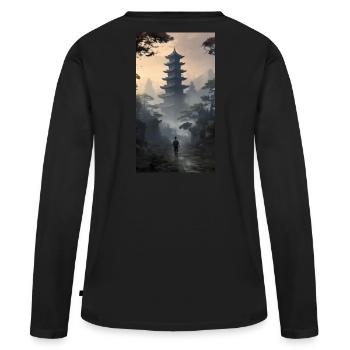 Apokalyptischer Abenteuer mit Tempel - Frauen Premium Bio Langarmshirt - Schwarz - Hinten - Julia (174cm)