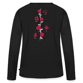Japanese Characters Back Print with Flowers - Women's Premium Organic Long Sleeve Shirt - black - Back - Julia (174cm)